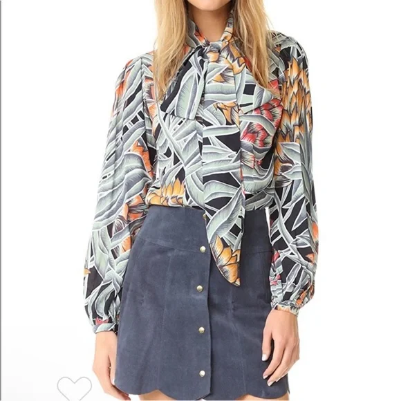 REVOLVE MARA HOFFMAN Black Green Red Tropical Print Tie Neck Deep V Blouse Top - Picture 6 of 15